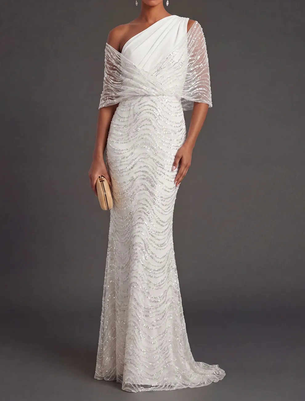 Beaded Sparkly White One Shoulder Long Formal Dress