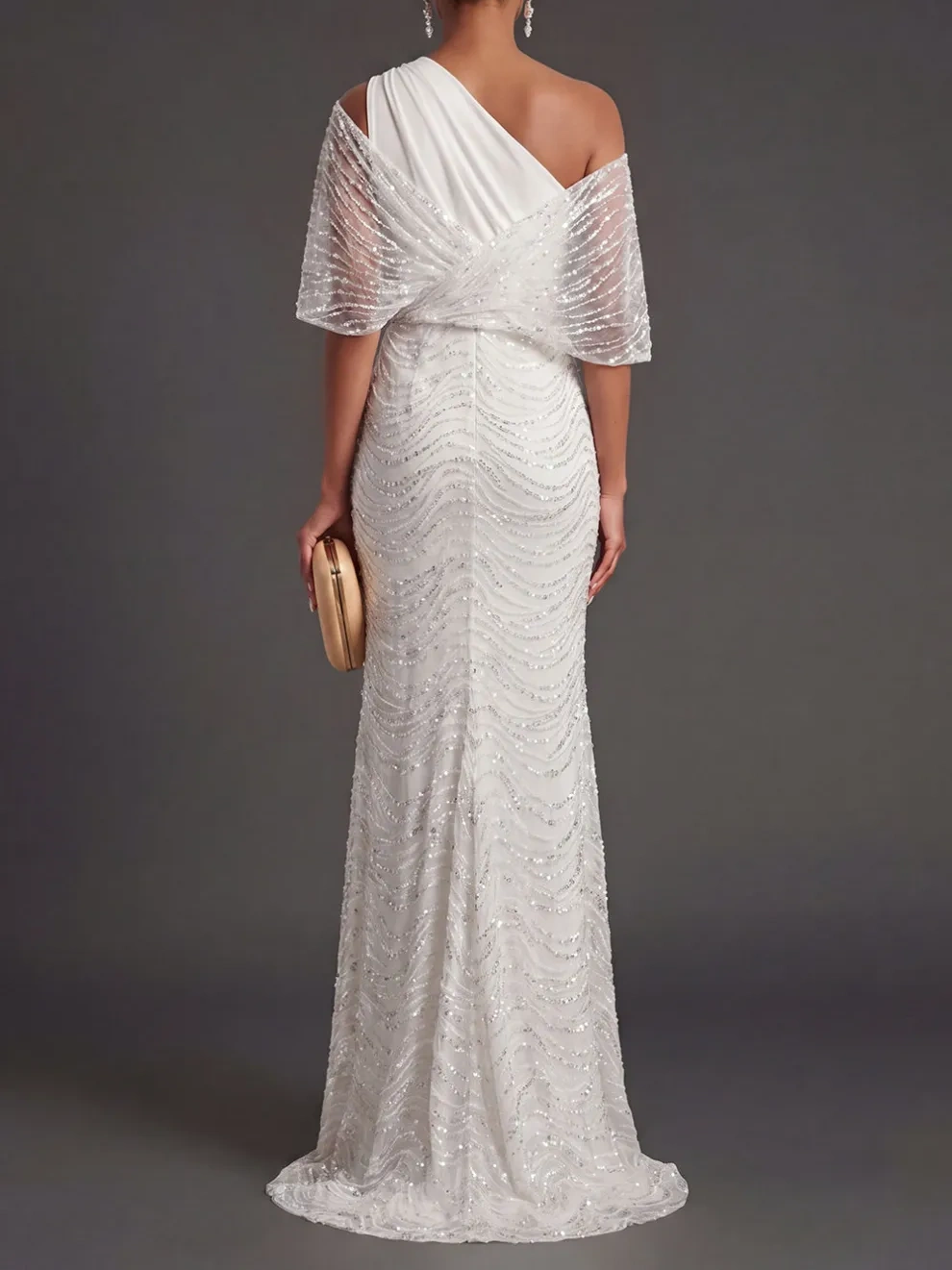Beaded Sparkly White One Shoulder Long Formal Dress