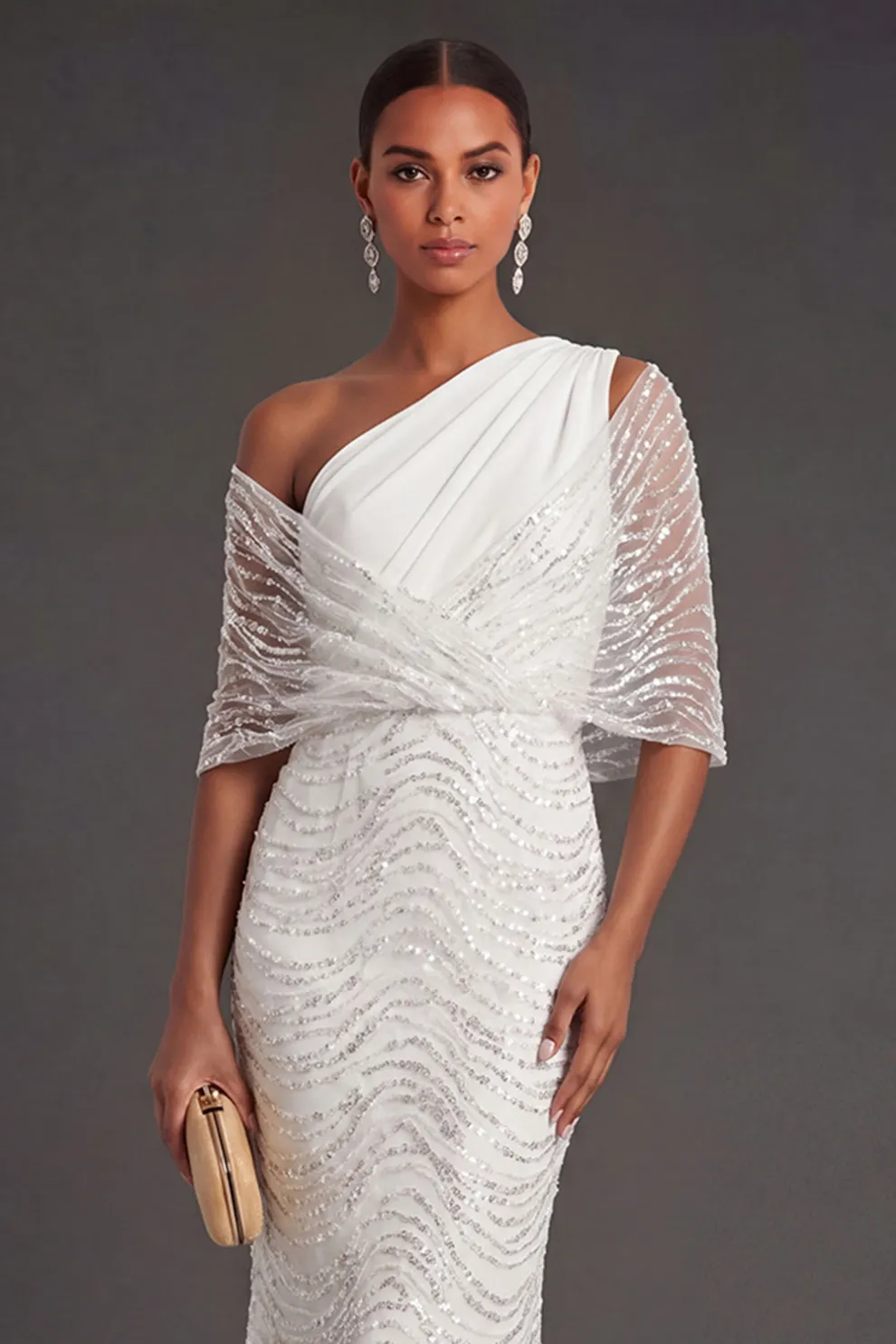 Beaded Sparkly White One Shoulder Long Formal Dress