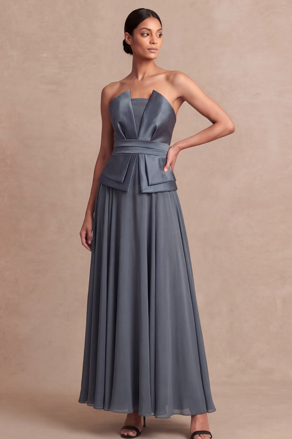 Dusty Blue Wedding Guest Dress A-Line Strapless Satin Maxi Dress
