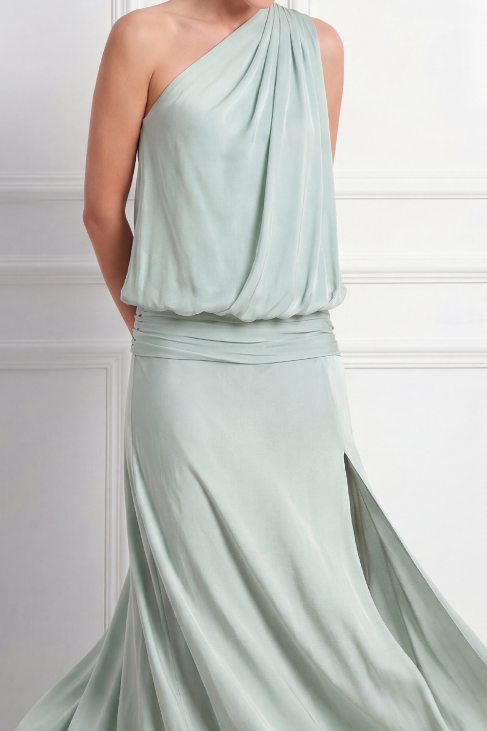 Lake Blue Formal Dress Ruched One Shoulder Chiffon Maxi Dress with Slit