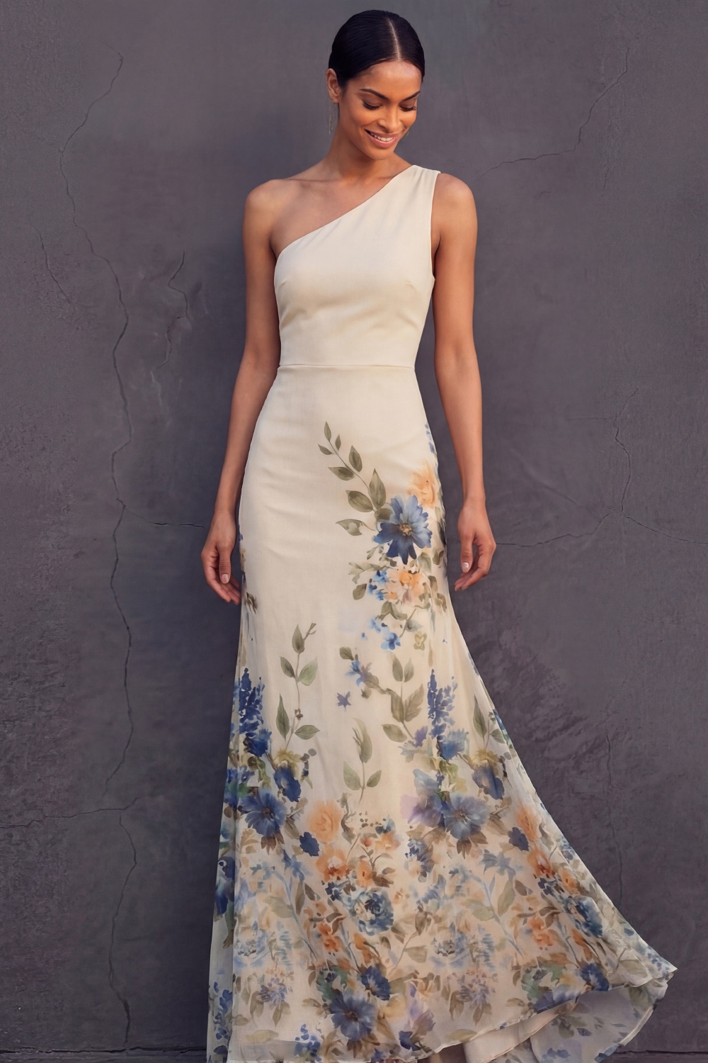 Champagne Floral Wedding Guest Dress Mermaid One Shoulder Maxi Dress