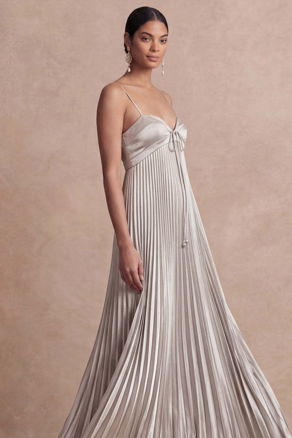 A Line Pleated Golden Spaghetti Straps Long Formal Dress
