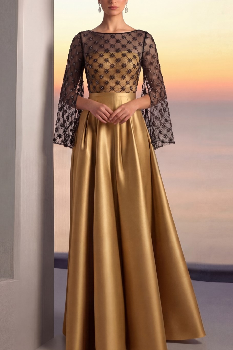 Gold Evening Formal Dress A-Line Crew Neck Satin Maxi Dress