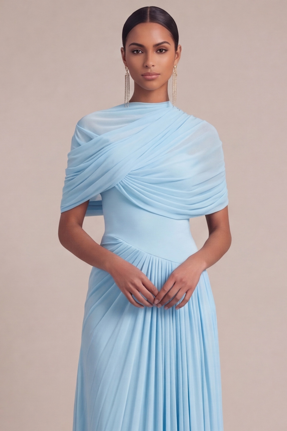 Light Blue Formal Dress A-Line Asymmetrical Pleated Maxi Dress