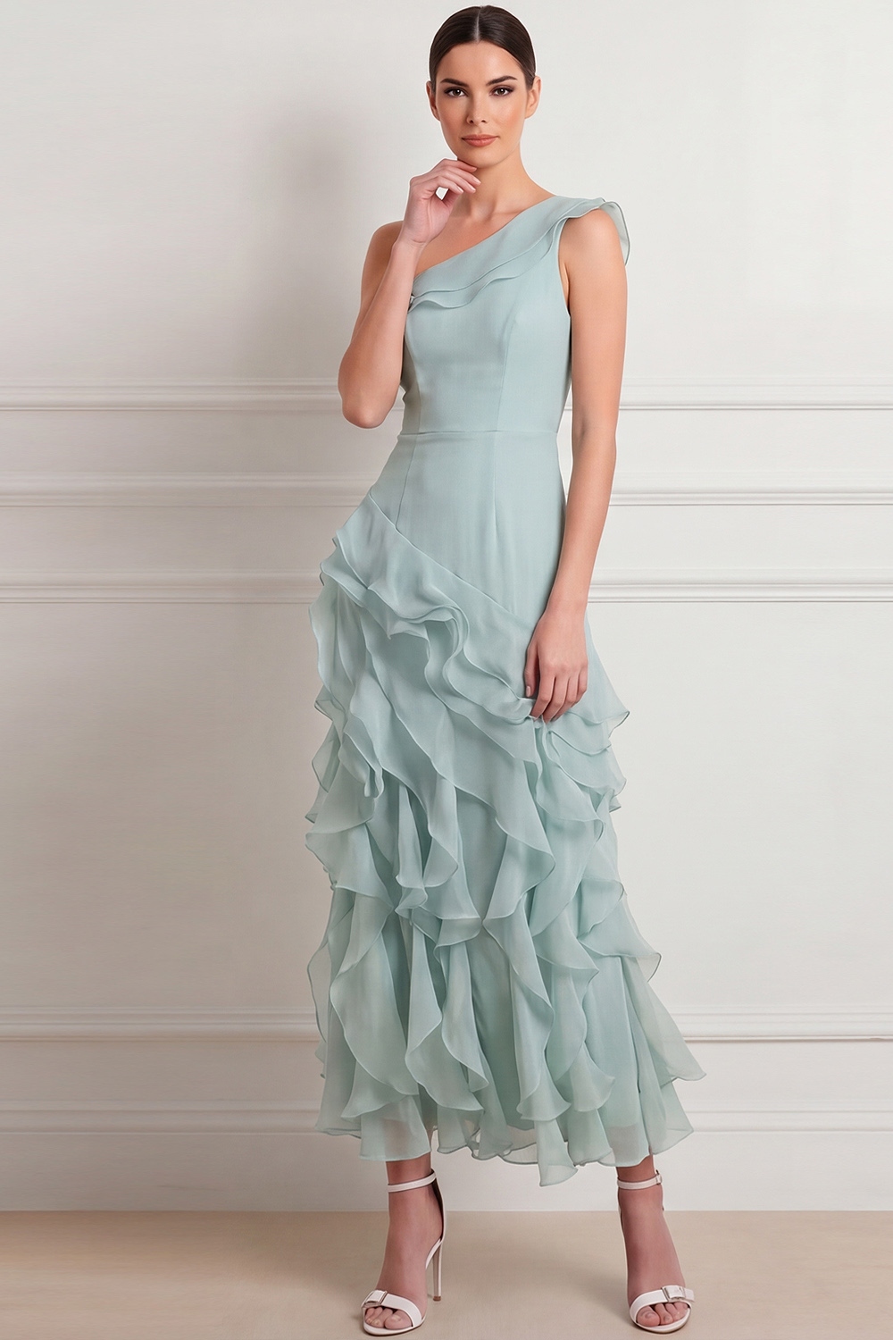 Lake Blue Formal Dress One Shoulder A-Line Maxi Dress with Ruffle