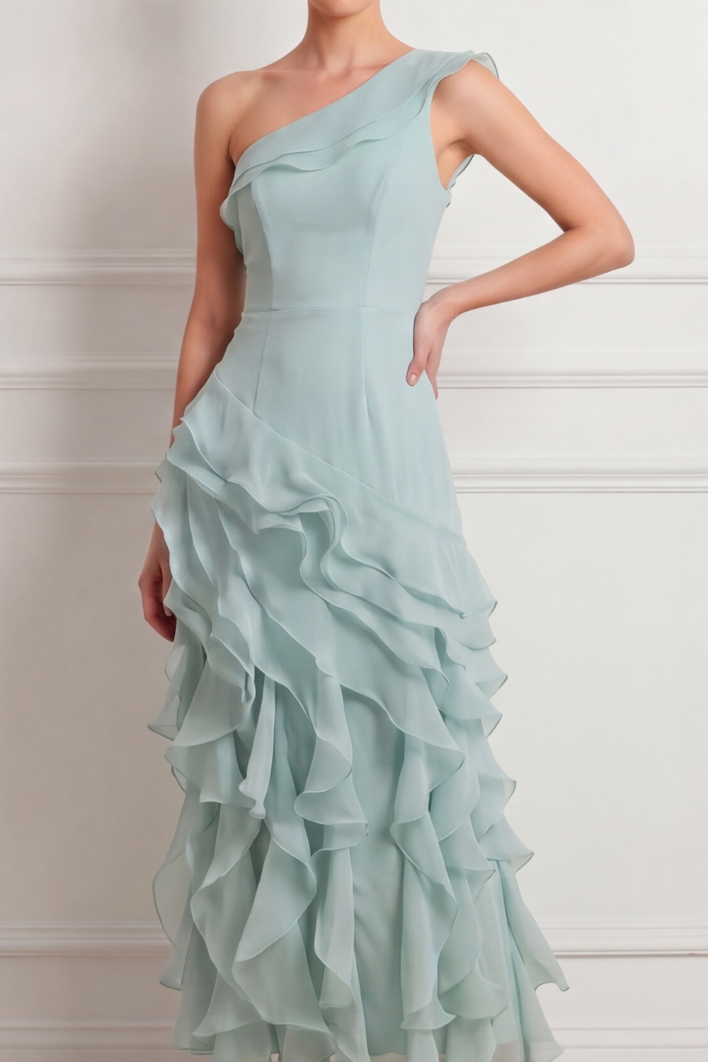 Lake Blue Formal Dress One Shoulder A-Line Maxi Dress with Ruffle