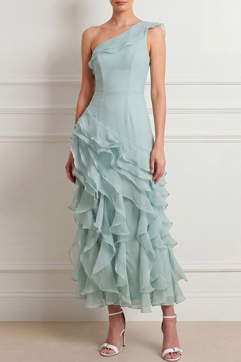 Lake Blue Formal Dress One Shoulder A-Line Maxi Dress with Ruffle