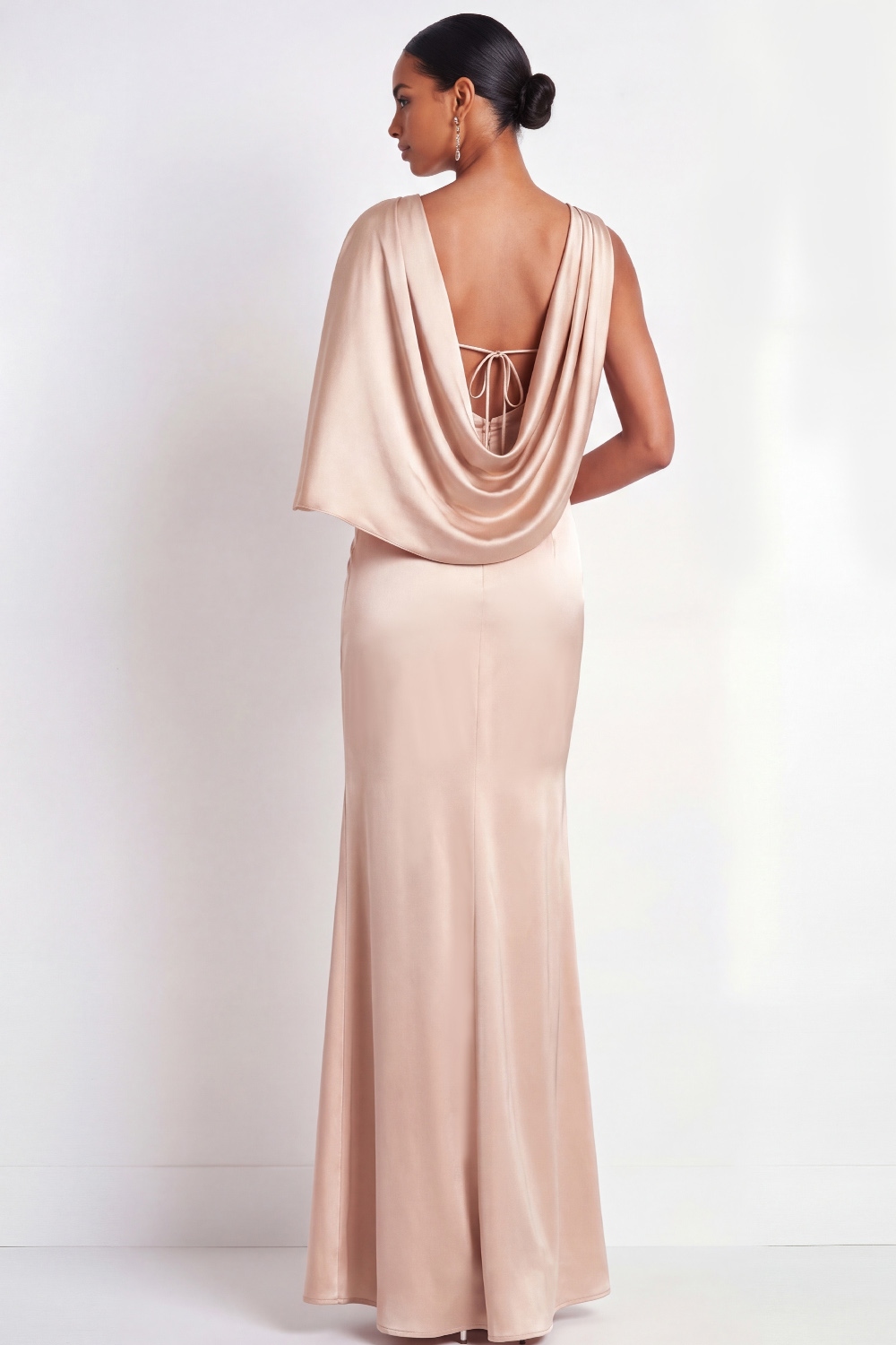Champagne Mermaid Formal Dress Ruched Satin Maxi Dress with Slit