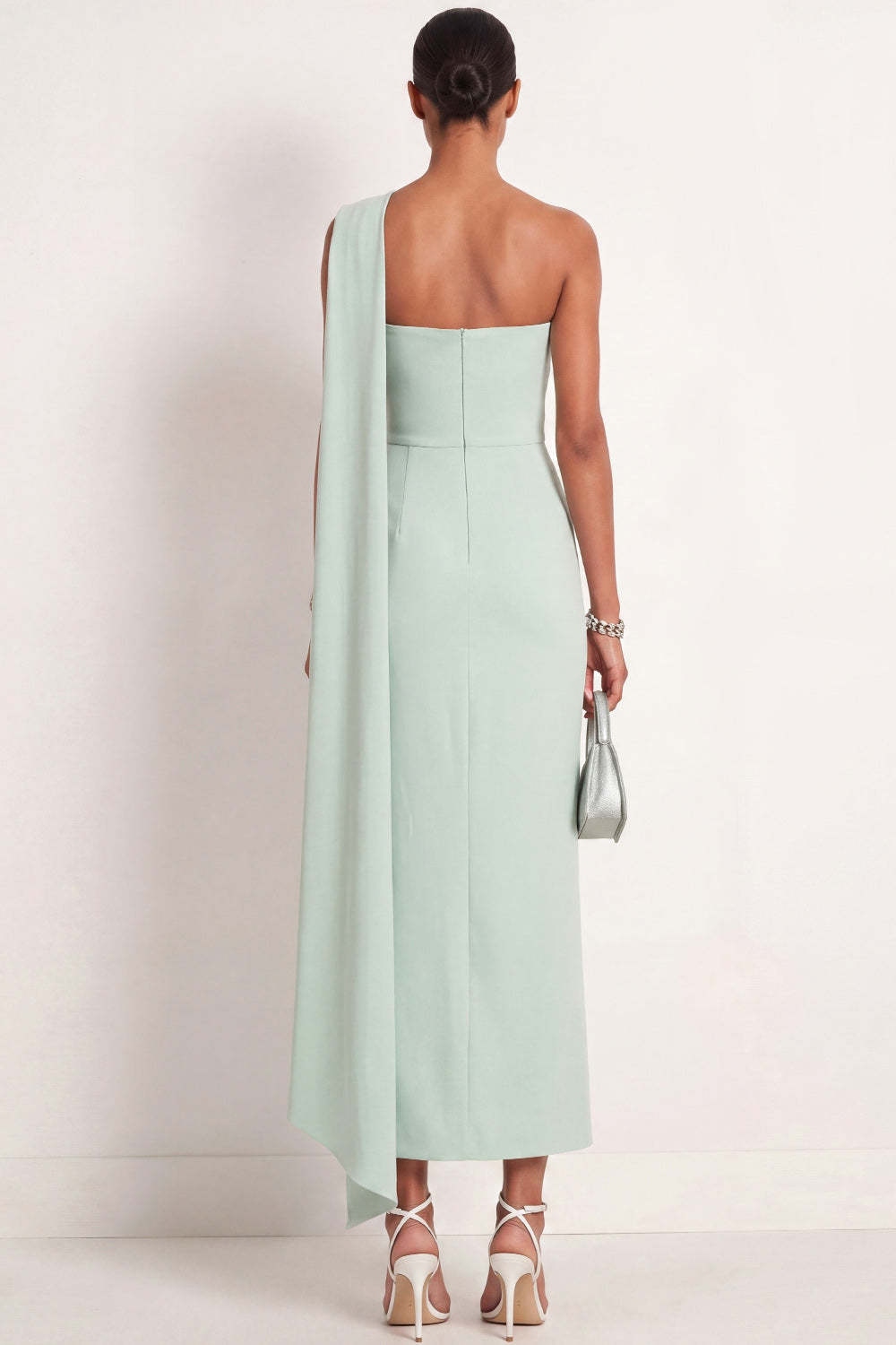 Mint Green One Shoulder Sheath Maxi Formal Dress with Ribbon
