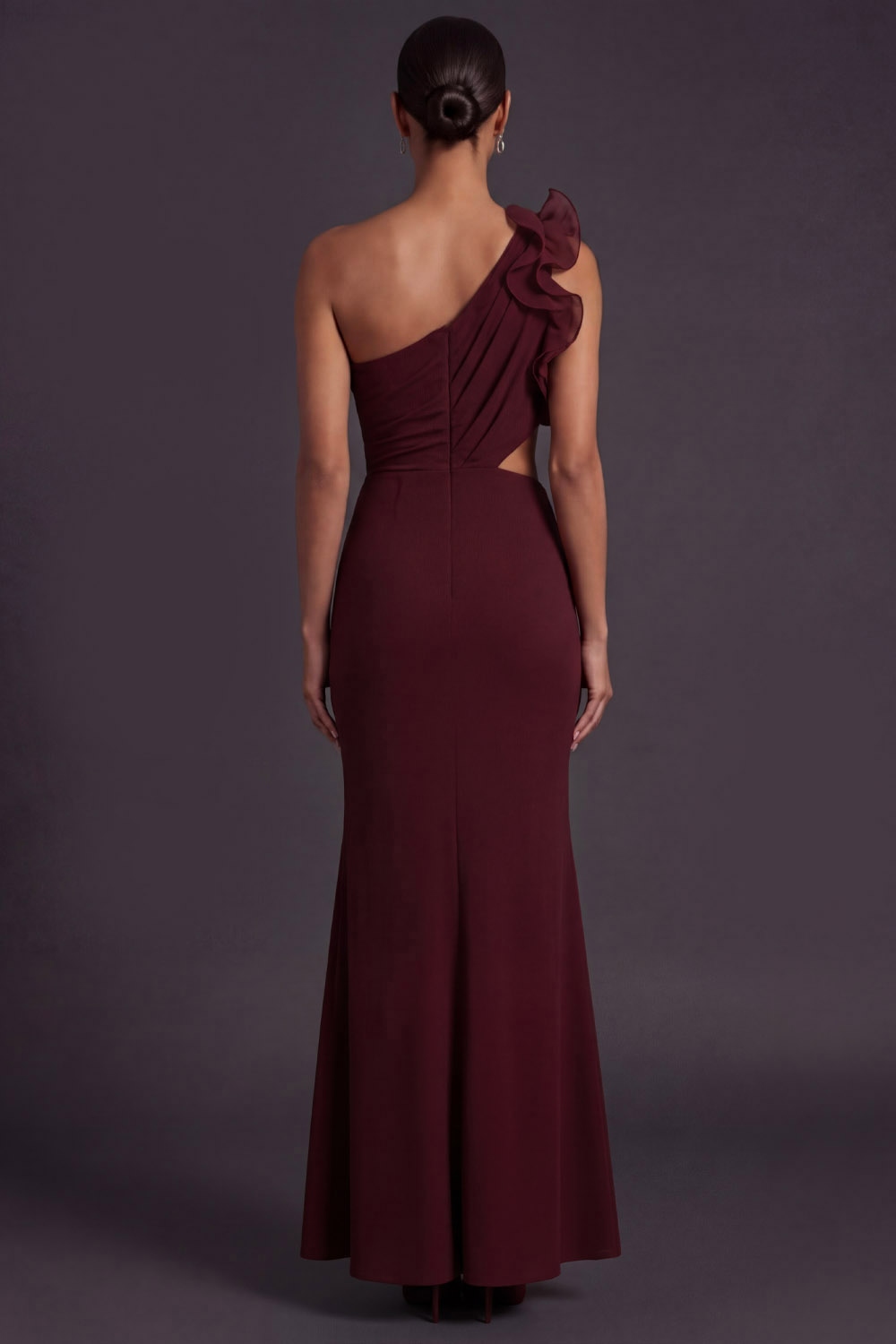 Burgundy Formal Evening Dress Mermaid One Shoulder Ruffled Maxi Dress