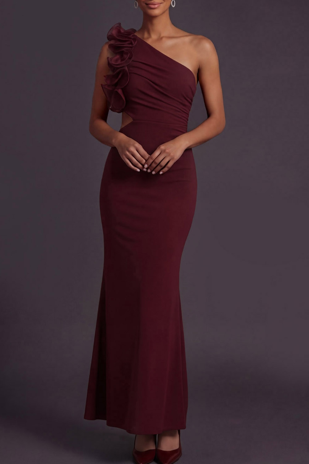 Burgundy Formal Evening Dress Mermaid One Shoulder Ruffled Maxi Dress