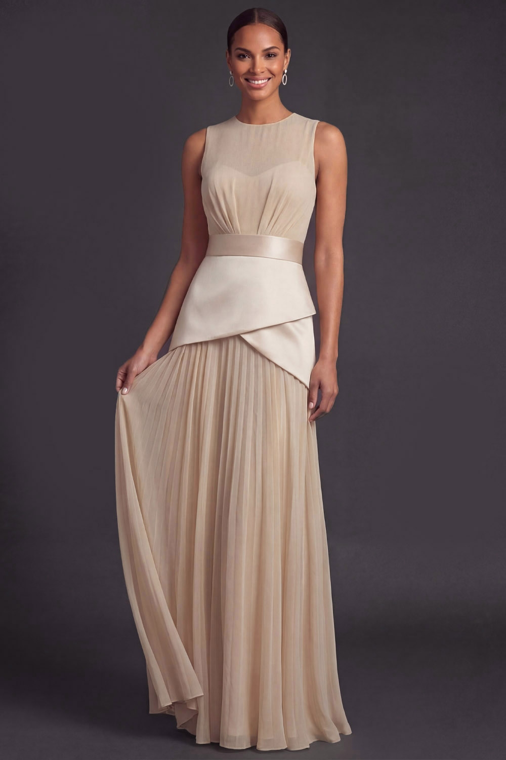 Champagne Evening Formal Dress A-Line Round Neck Pleated Maxi Dress