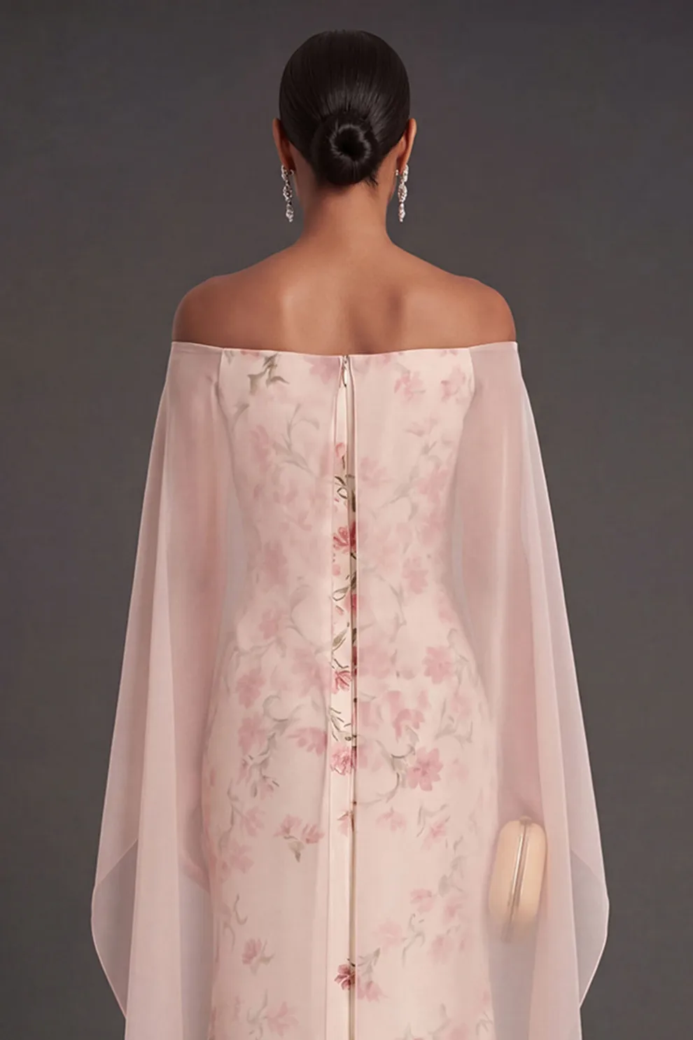 Apricot Floral Mermaid Maxi Strapless Wedding Guest Dress with Cape