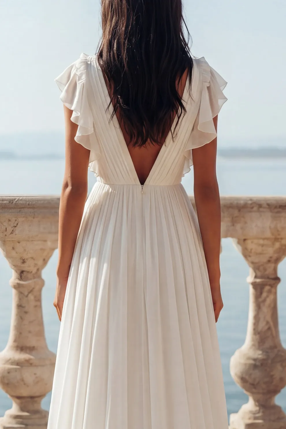 White A Line V-Neck Ruffled Swep Train Ruched Beach Wedding Dress with Slit
