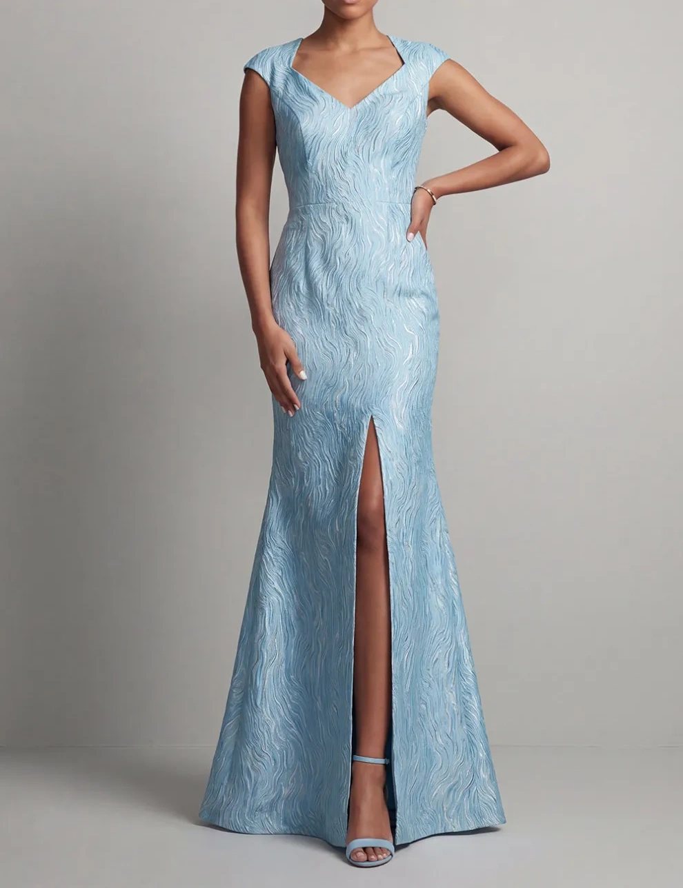 Blue Mermaid Maxi Floral V-Neck Formal Dress with Slit