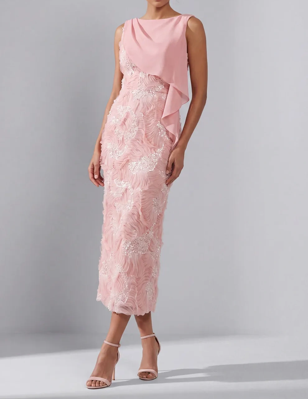 Blush Sheath Midi Beaded Boat Neck Wedding Guest Dress