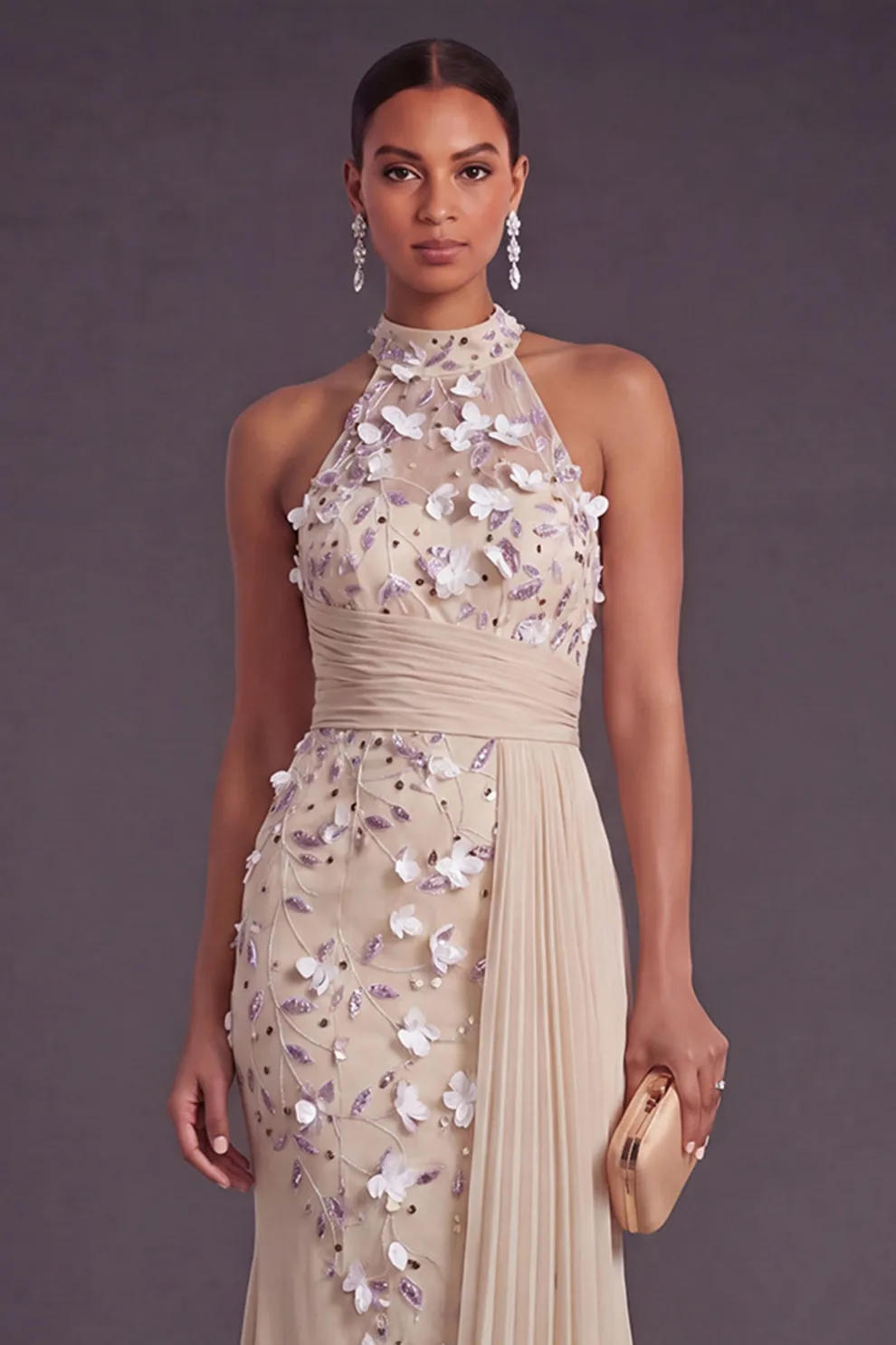 Mermaid Champagne Pleated Floral Long Apricot Formal Dress