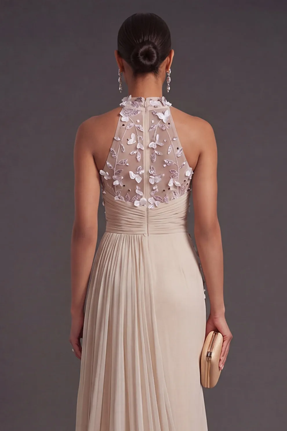 Mermaid Champagne Pleated Floral Long Apricot Formal Dress