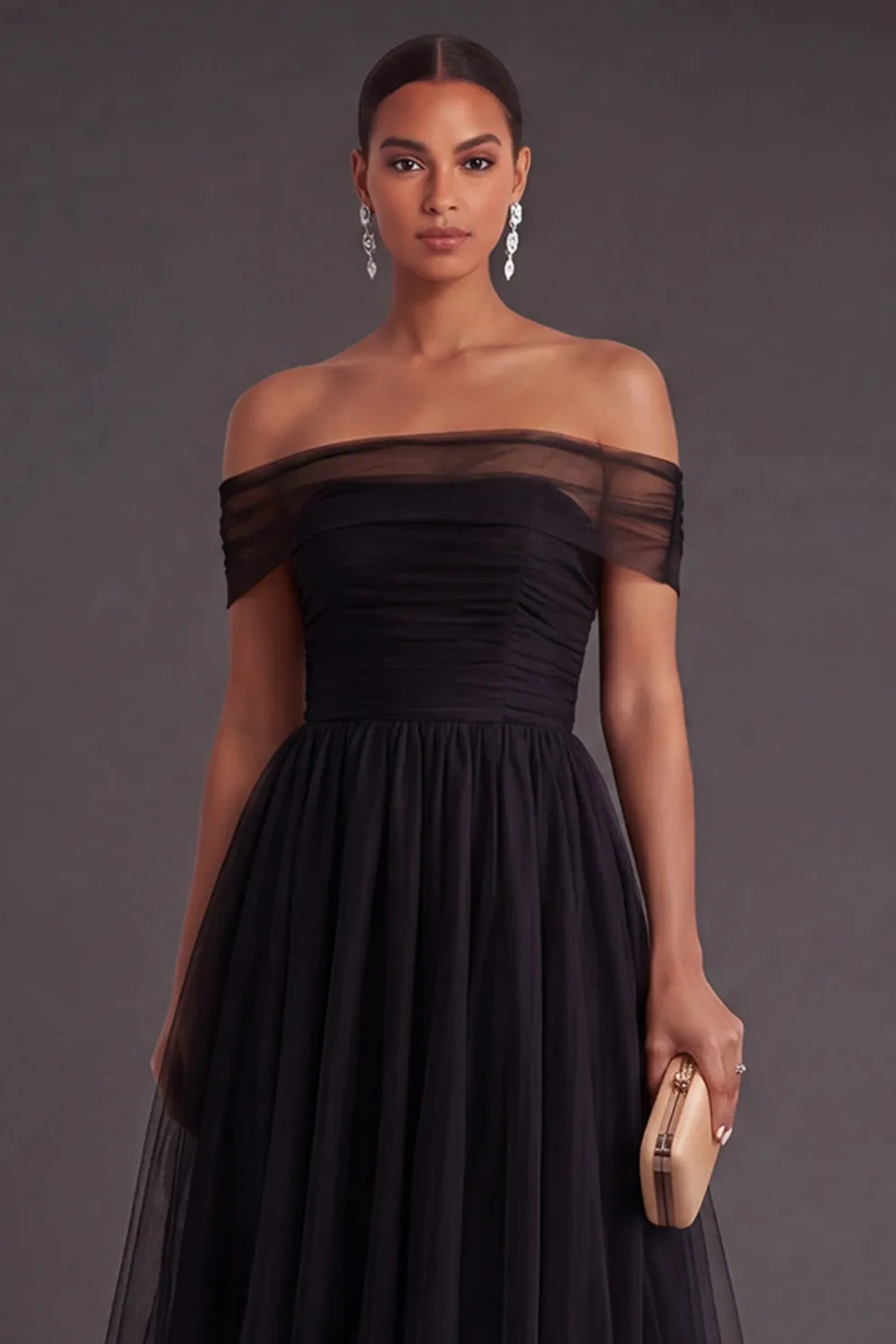 Off the Shoulder A Line Pleated Black Long Formal Dress