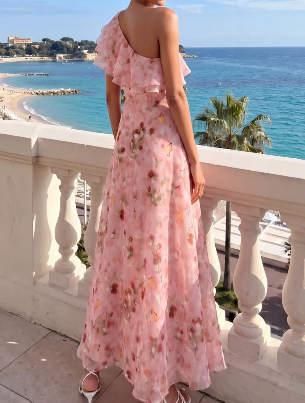 Pink Ruffled A Line Floral Long Wedding Guest Dress