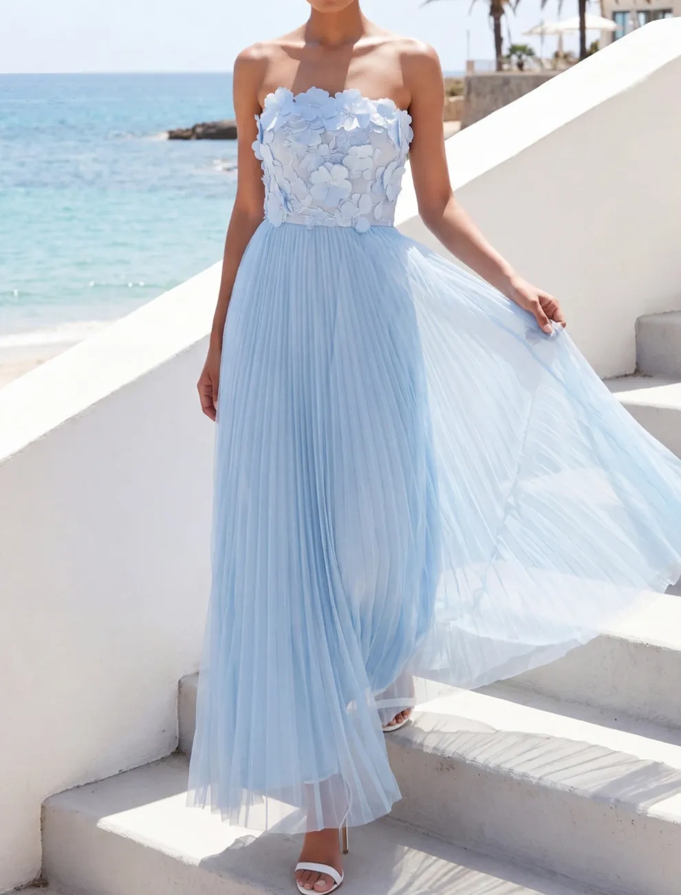 Light Blue Strapless Appliqued Pleated Maxi Beach Wedding Guest Dress