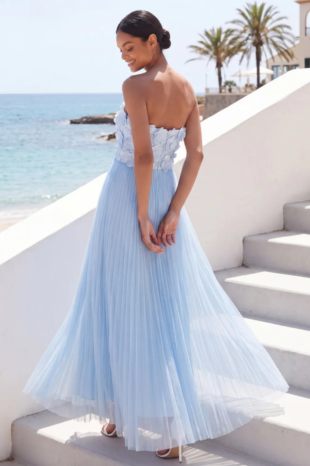 Light Blue Strapless Appliqued Pleated Maxi Beach Wedding Guest Dress