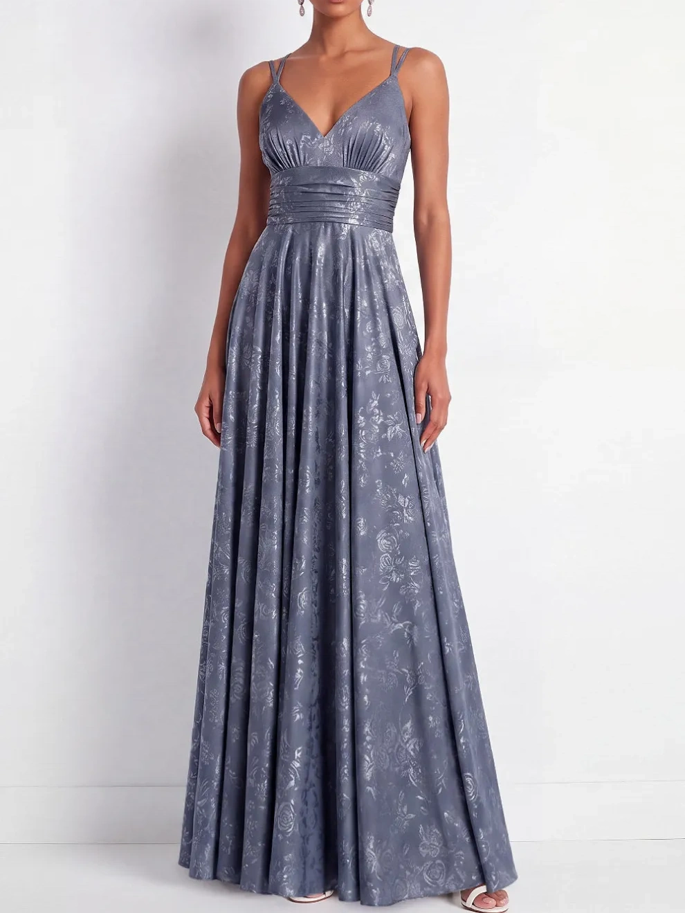 Dusty Blue Floral A Line Maxi Empire Waist Wedding Guest Dress
