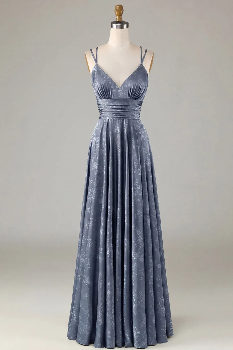 Dusty Blue Floral A Line Maxi Empire Waist Wedding Guest Dress