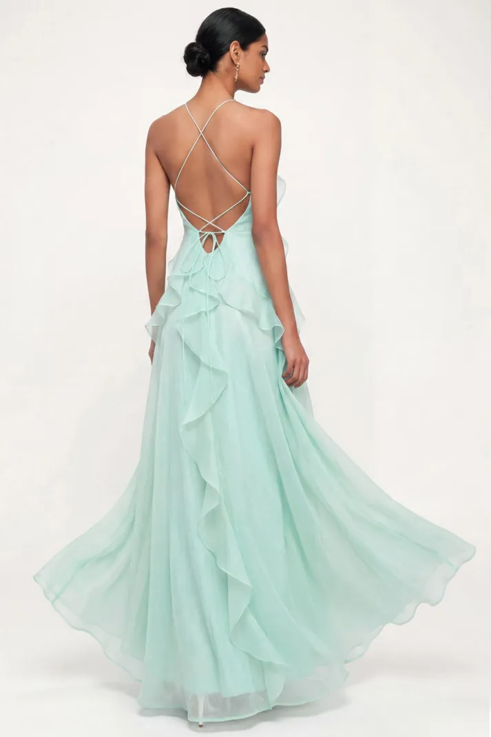 Lake Blue Maxi A Line Ruffled Criss Cross Back Wedding Guest Dress