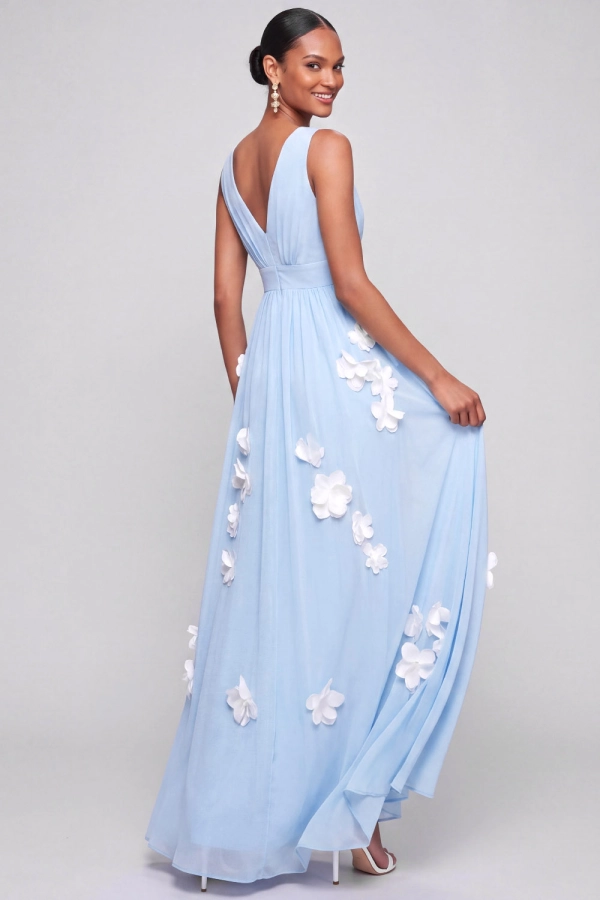 Light Blue A-Line Wedding Guest Dress V-Neck Maxi Dress with 3D Flowers