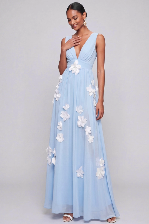 Light Blue A-Line Wedding Guest Dress V-Neck Maxi Dress with 3D Flowers
