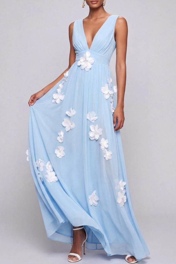 Light Blue A-Line Wedding Guest Dress V-Neck Maxi Dress with 3D Flowers