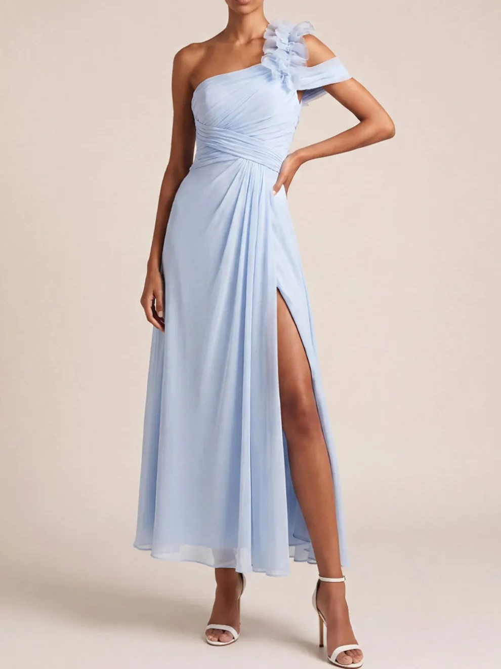 Light Blue A Line One Shoulder Ruched Long Bridesmaid Dress with Slit