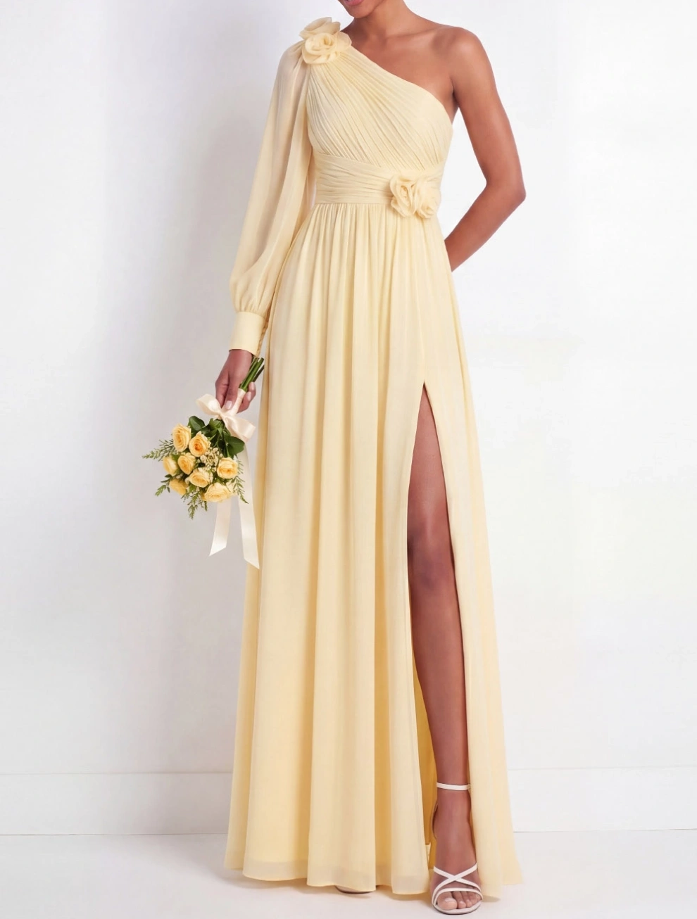 Light Yellow Formal ​Wedding Bridesmaid Dress One Shoulder Chiffon Maxi Dress
