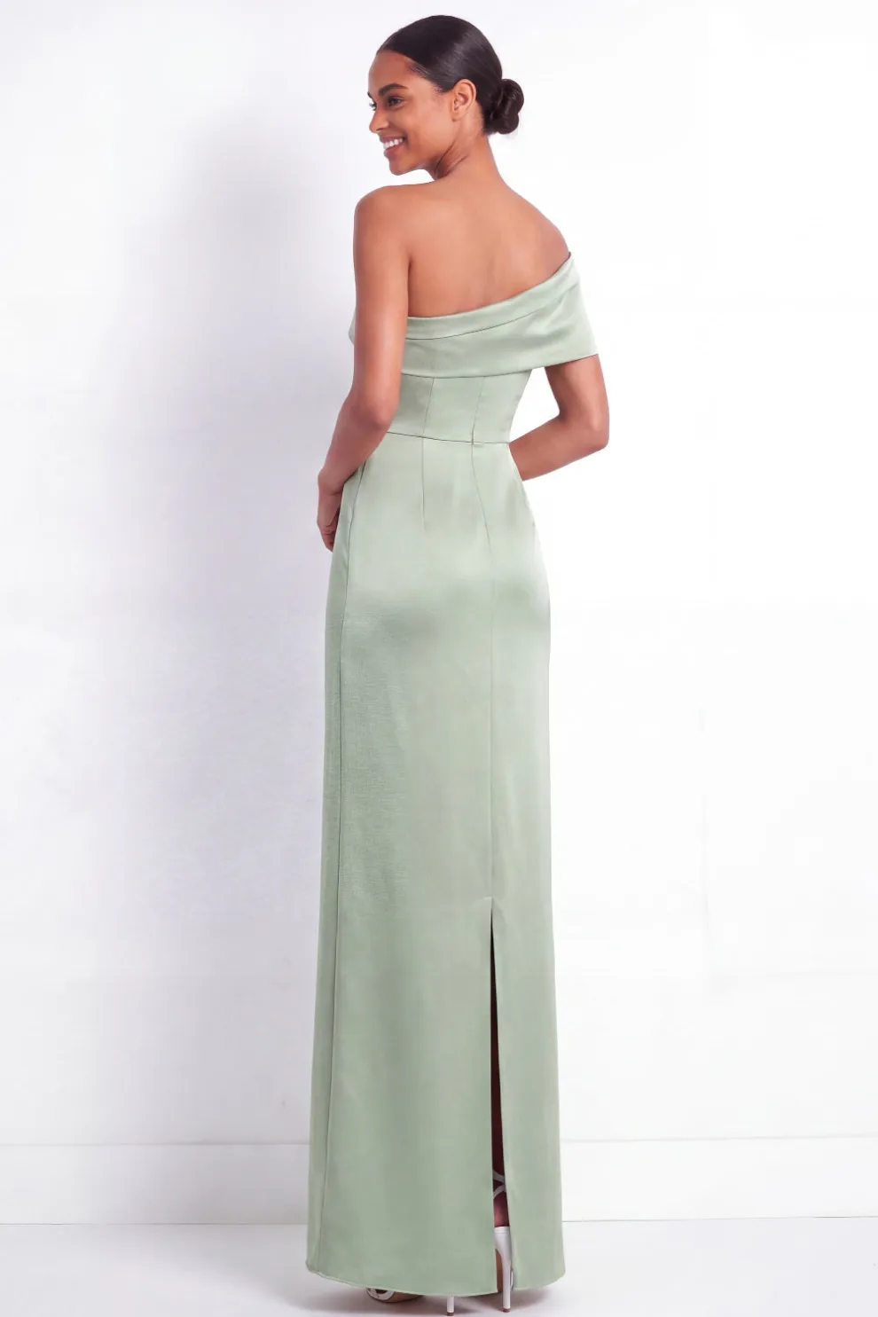 Dusty Sage Mermaid Satin One Shoulder Long Bridesmaid Dress with Back Slit