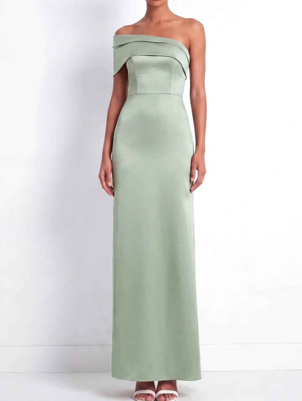 Dusty Sage Mermaid Satin One Shoulder Long Bridesmaid Dress with Back Slit
