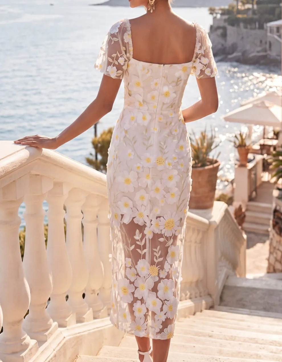 Floral Appliqued White Sheath Midi Engagement Dress