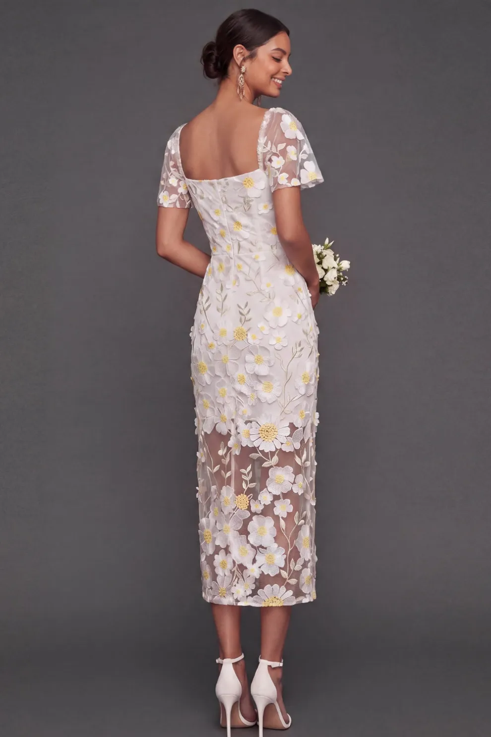 Floral Appliqued White Sheath Midi Engagement Dress