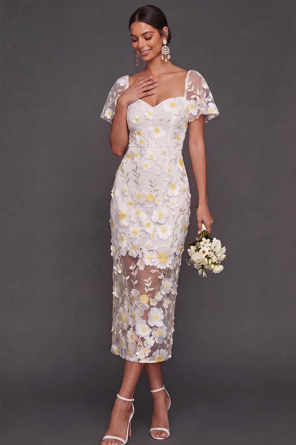 Floral Appliqued White Sheath Midi Engagement Dress