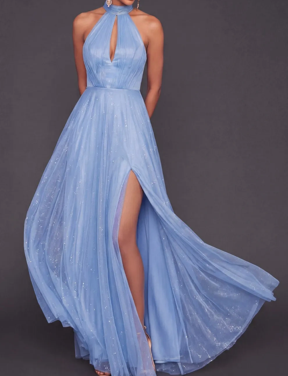 Blue A Line Halter Neck Long Formal Dress with Slit