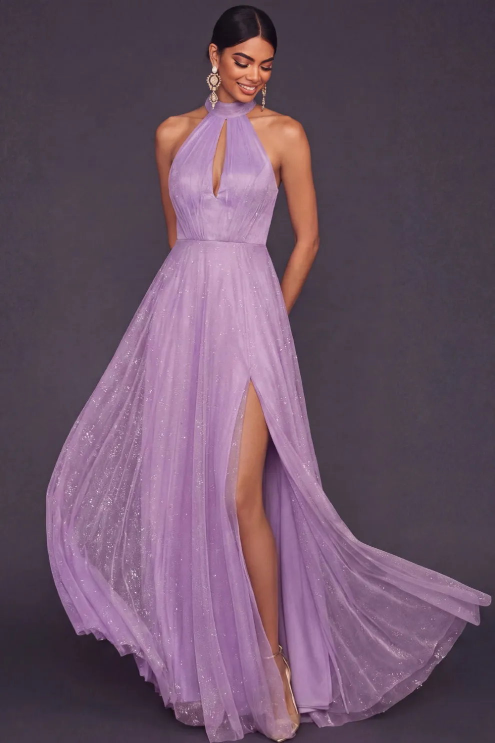 Blue A Line Halter Neck Long Formal Dress with Slit