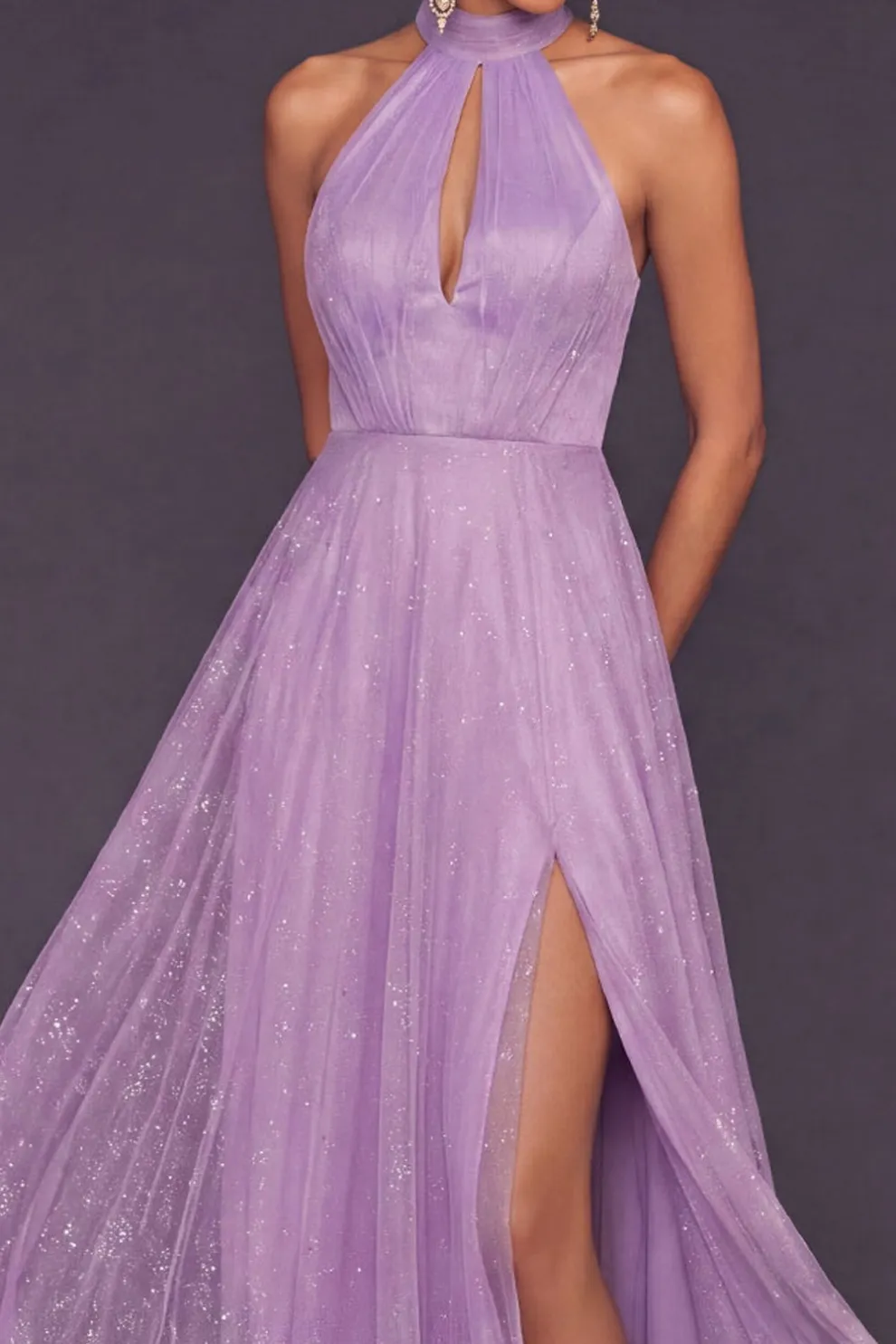 Blue A Line Halter Neck Long Formal Dress with Slit