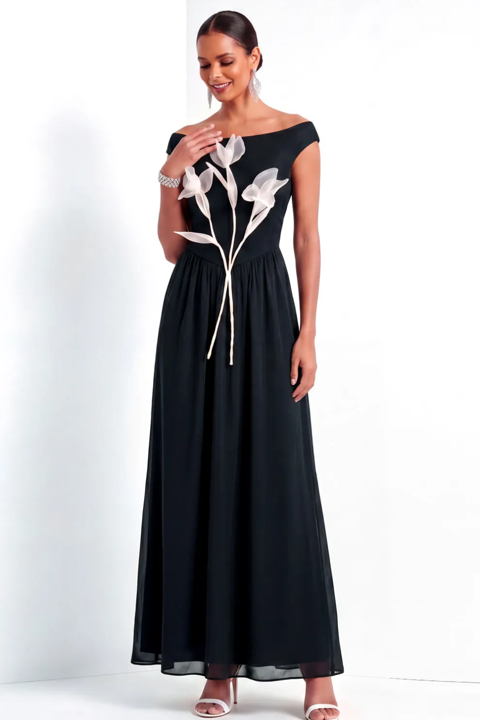 A Line Black Floral Off the Shoulder Long Formal Dress