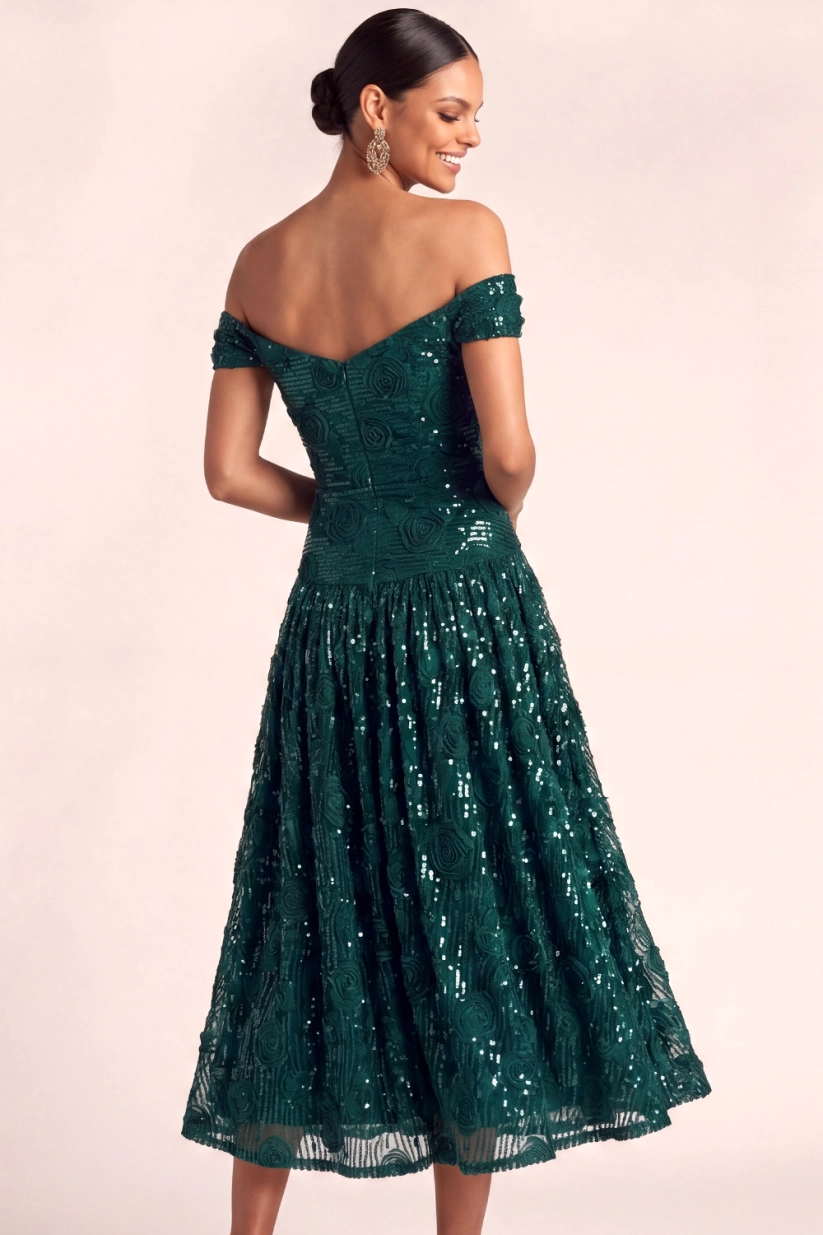 Dark Green Floral Formal Dress Off the Shoulder Appliqued Sequin Pleated Midi Dress