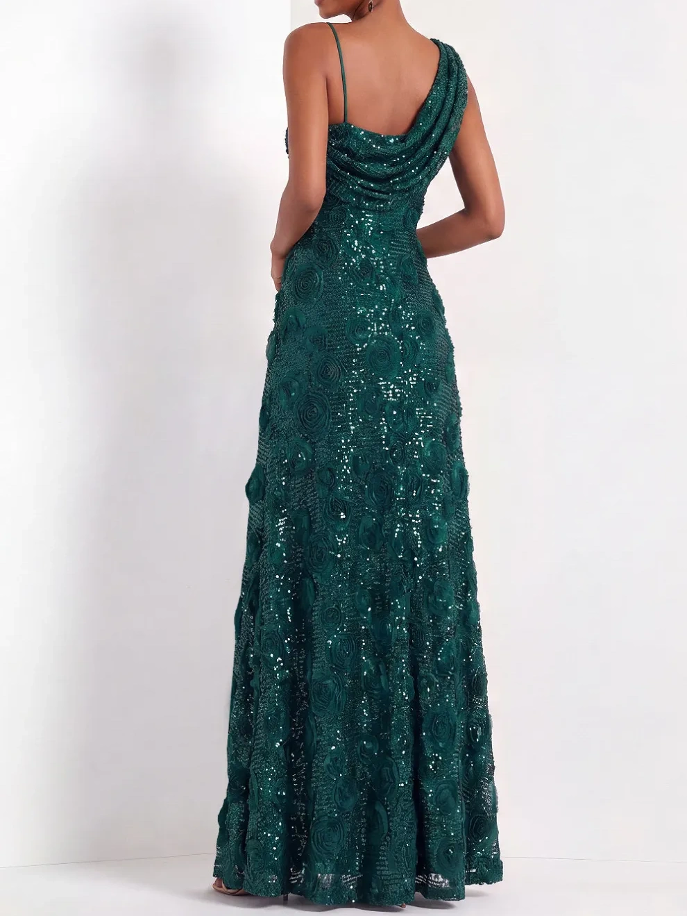 Pink Floral One Shoulder Sparkly Sequined Long Formal Dress with Slit