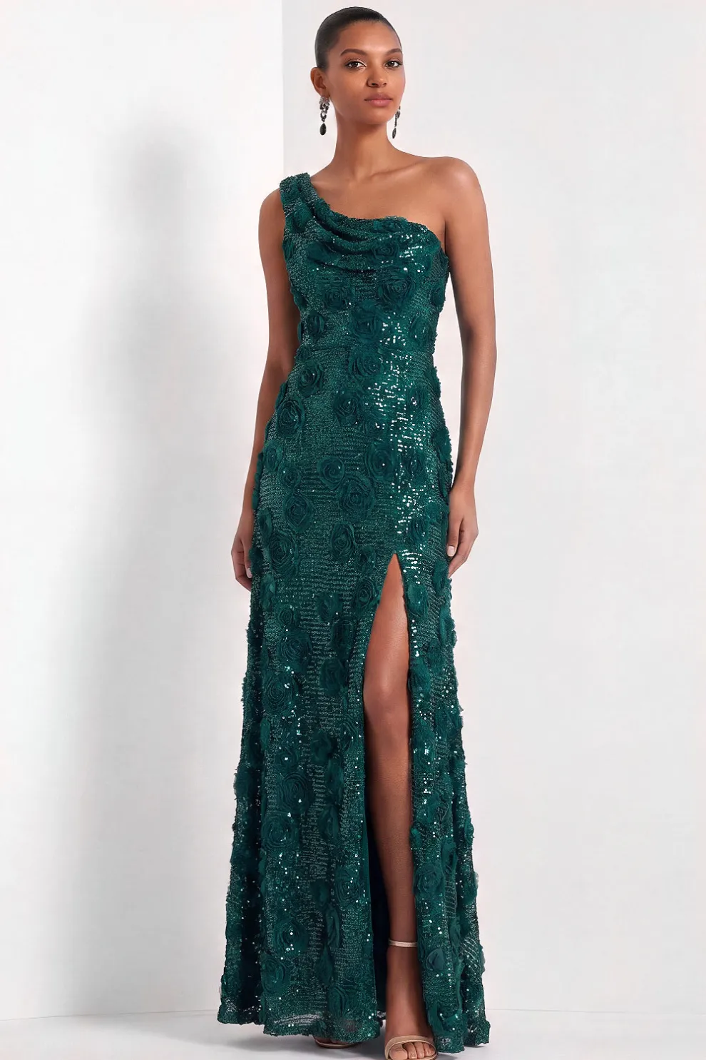 Pink Floral One Shoulder Sparkly Sequined Long Formal Dress with Slit