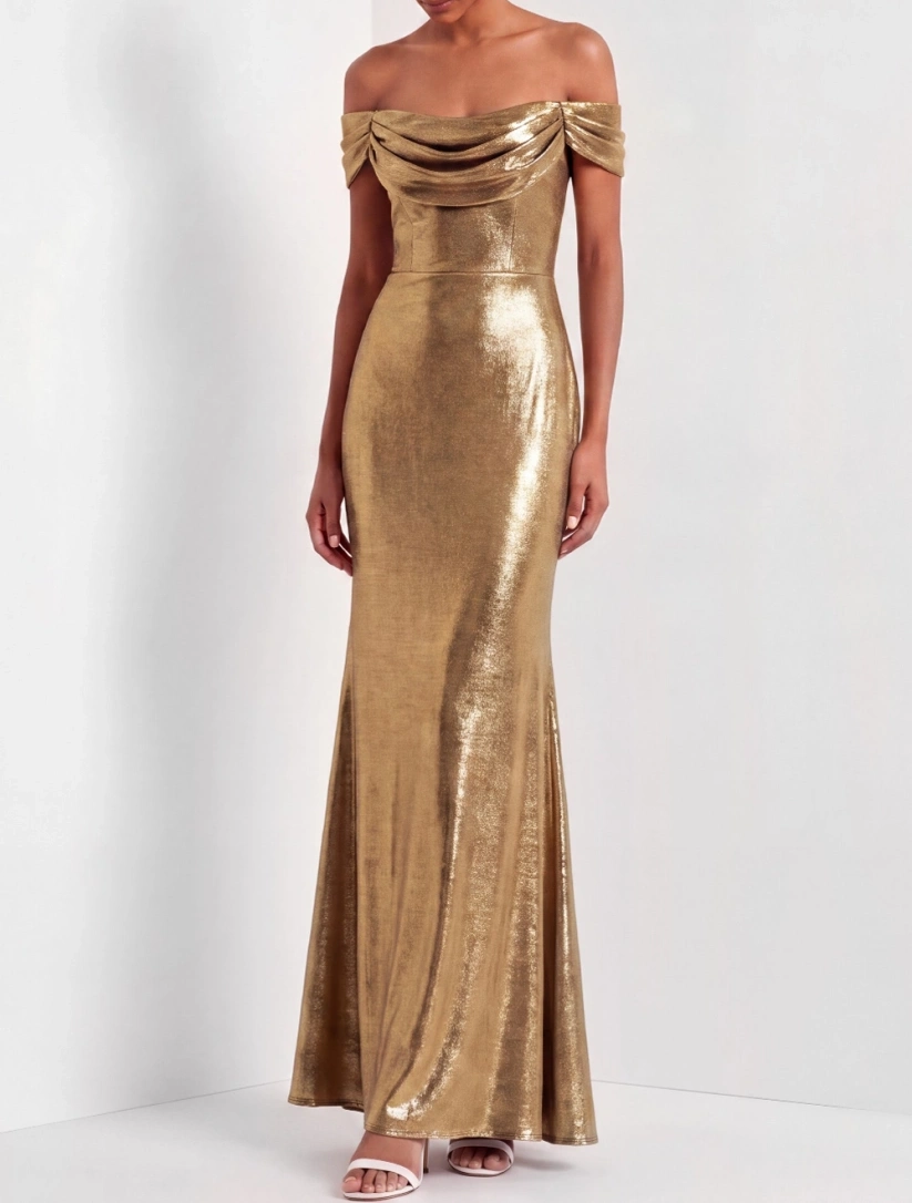 Golden Mermaid Formal Evening Dress Off the Shoulder Metallic Satin Maxi Dress