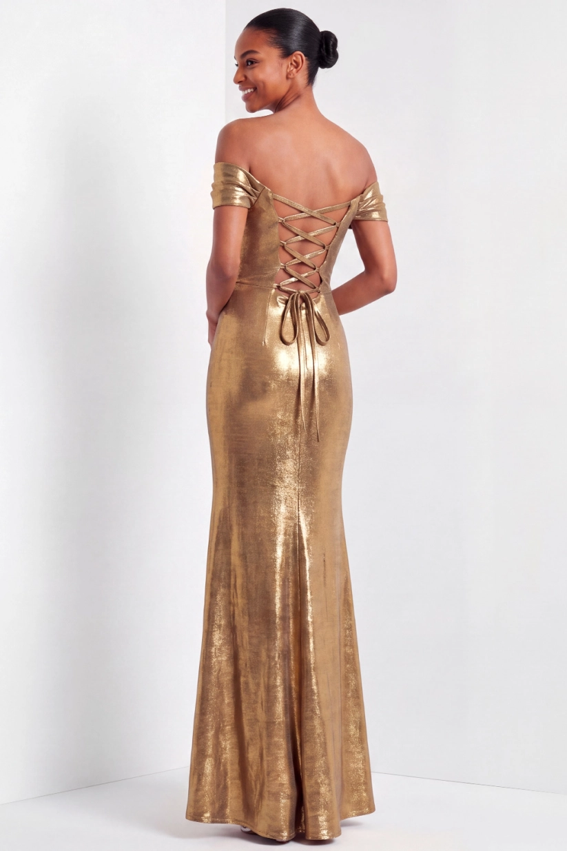 Golden Mermaid Formal Evening Dress Off the Shoulder Metallic Satin Maxi Dress
