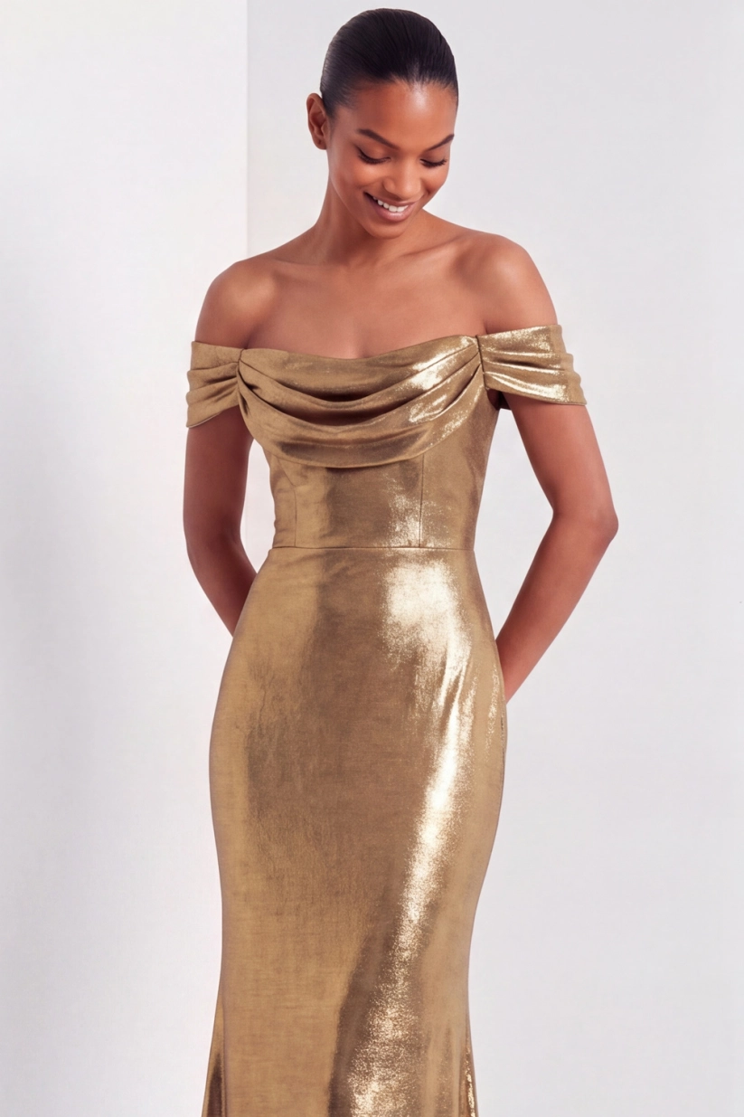 Golden Mermaid Formal Evening Dress Off the Shoulder Metallic Satin Maxi Dress